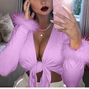 Purple marabou feather crop top sexy tie bow club rave cardigan sweater festival